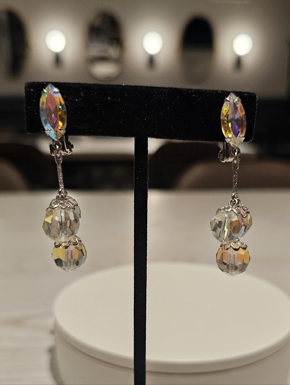 Vintage Lewis Segal California AB Crystal Chandelier Clip On Earrings